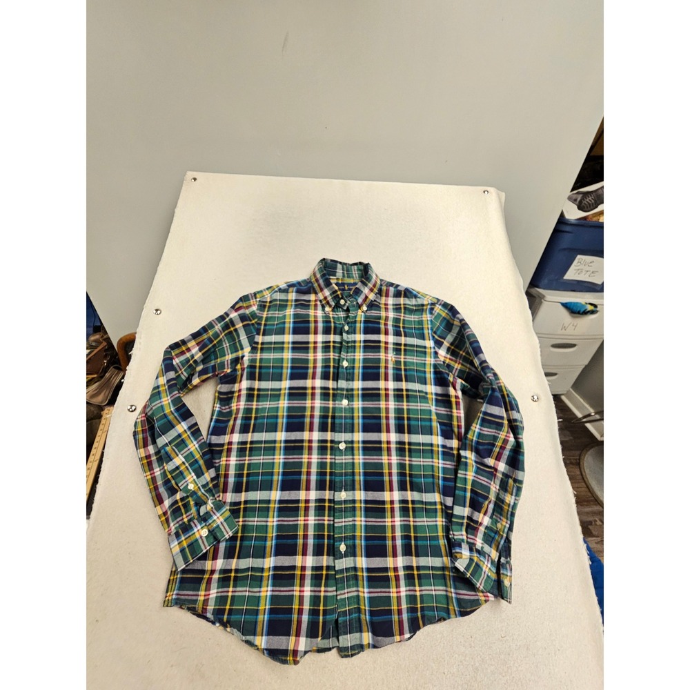 Ralph Lauren Mens Large Green Plaid Button Down Shirt Long Sleeve Pony Logo